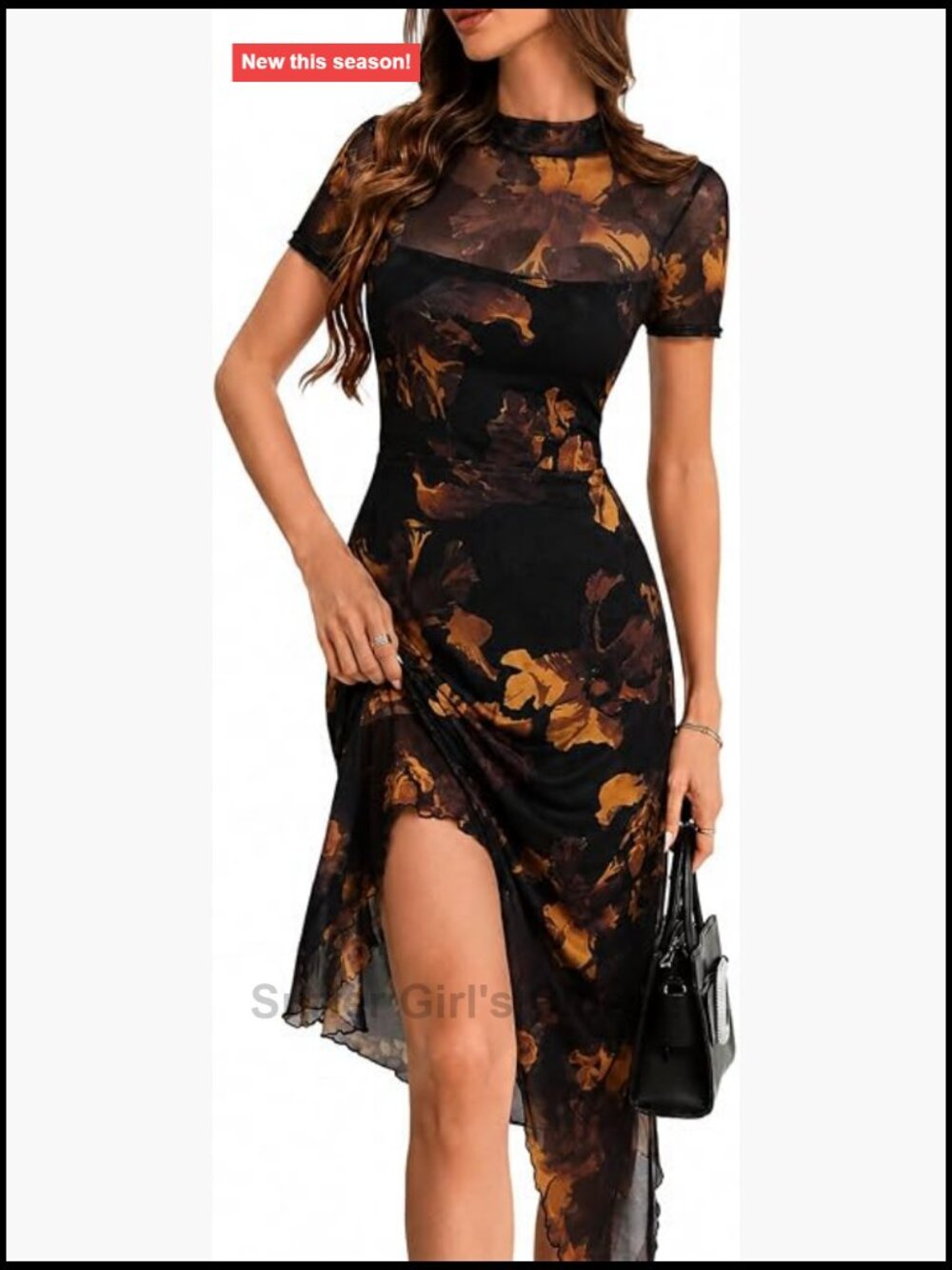 Floral Mesh Irregular Hem Midi Dress A-Line Short Sleeve Wedding Guest Party